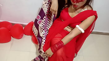 Newly Married Indian Wife In Red Sari Celebrating Valentine With Her Desi Spouse - Full Hindi Greatest Hard-core