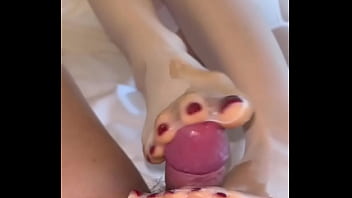 Glamorous youthfull nurse wearing white silk sleeve JJ footjob squeezed sperm, white silk torn fuck hole hard-on rammed into stockings, feet of feet massaging glans, footjob all shot into tights