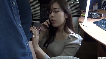 Japanese cuckold on phone with husband while giving blow-job