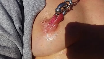 Nippleringlover super-hot mummy tugging outdoors with massager pierced honeypot extreme nipple piercings